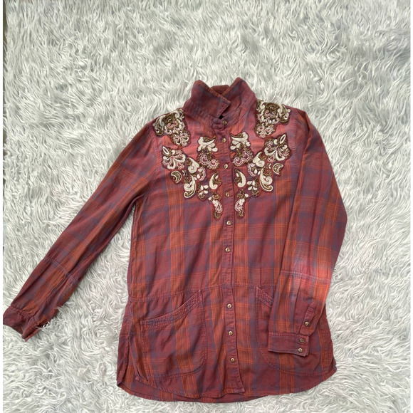 Free People Stevie's Embellished Flannel Plaid Shirt Sequin Sz L - Picture 3 of 4